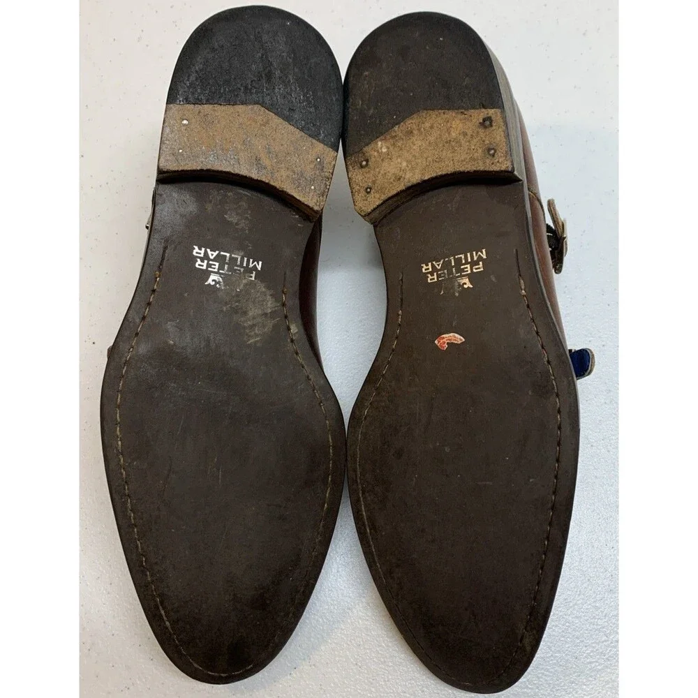 Peter Millar Monk Strap Dress Shoes Mens 10 Brown Leather Cap Toe Preppy